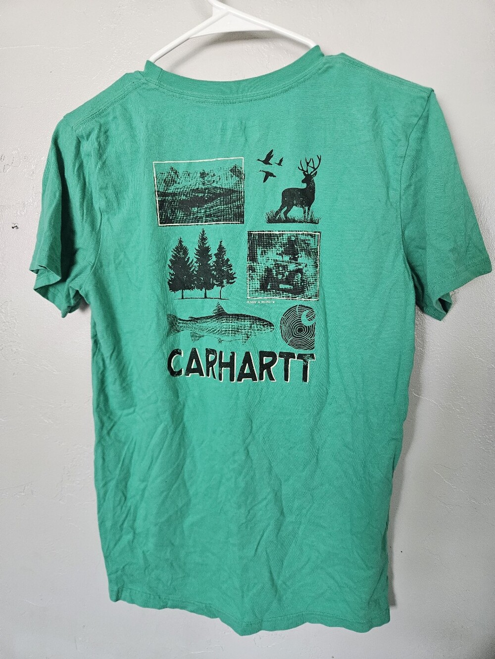 Carhartt Boys Youth Large 14/16 Short Sleeve Pocket Tee Green Outdoor Fish Elk
